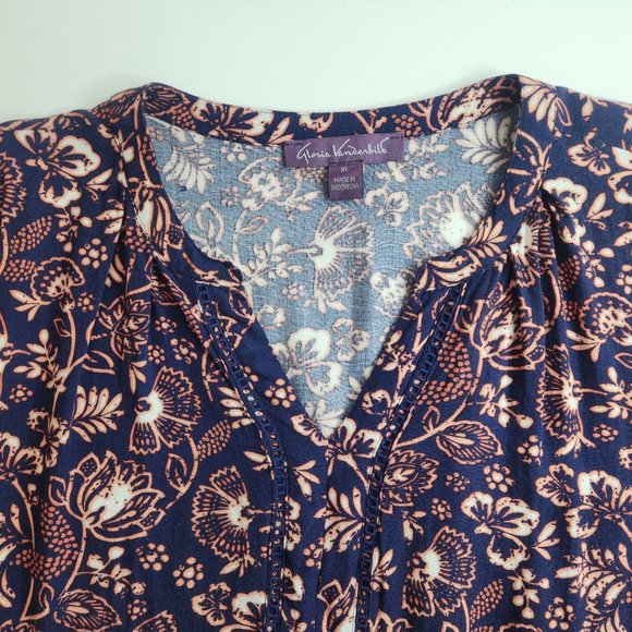 Gloria Vanderbilt Womens Top XL 3/4 Sleeve Navy Coral Floral Print Blouse Tunic - Picture 6 of 8